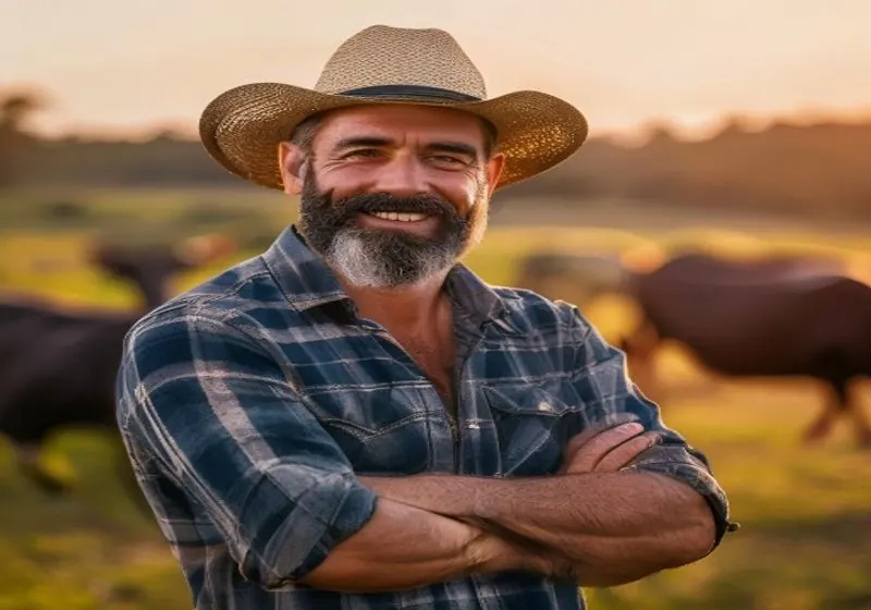 Fazendeiro feliz usando laptop para controle financeiro no campo