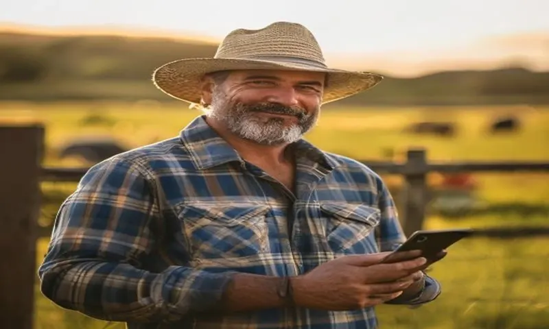 Fazendeiro confiante tomando decisões com dados